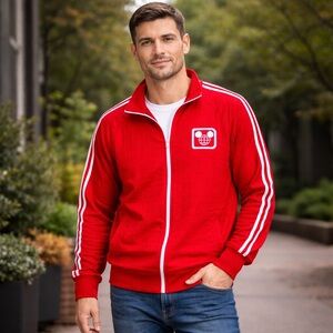 Walt‎ Disney World Red Track Jacket Large Unisex Adult Zip Varsity Embossed Logo